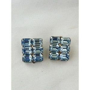 Vintage Baby Blue Rhinestone clip On Earrings Rectangle Shape